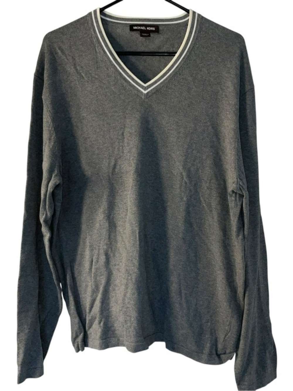 Michael Kors Men's Charcoal V-Neck Sweater with Cream Trim